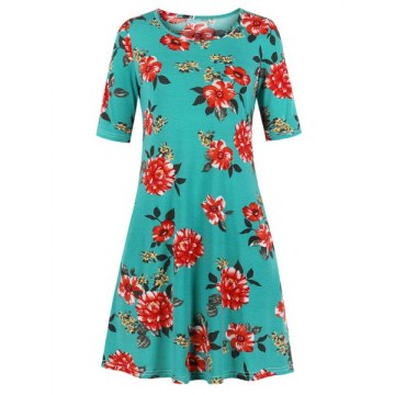 Floral A Line Tee Dress - Macaw Blue Green