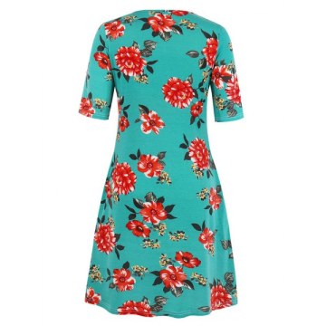 Floral A Line Tee Dress - Macaw Blue Green