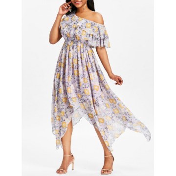 Floral Asymmetric Flowy Dress - Mauve