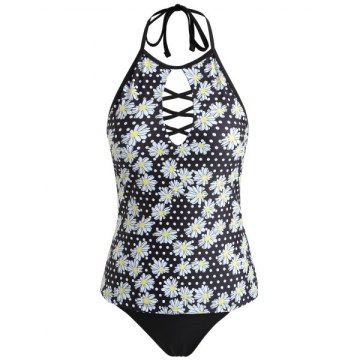 Floral Backless Tankini - Black