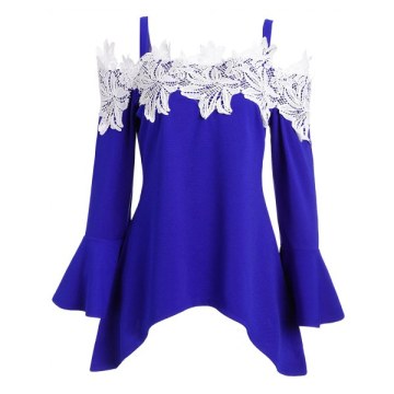 Floral Crochet Cold houlder Asymmetrical Tee - Blue