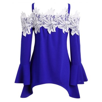 Floral Crochet Cold houlder Asymmetrical Tee - Blue