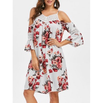 Floral Crochet Yoke Flare leeve Dress -