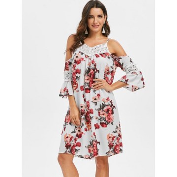 Floral Crochet Yoke Flare leeve Dress -