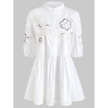 Floral Embroidery Button Smock Shirt Dress - Milk White