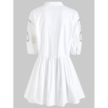 Floral Embroidery Button Smock Shirt Dress - Milk White
