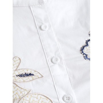 Floral Embroidery Button Smock Shirt Dress - Milk White