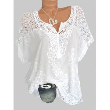 Floral Embroidery Hollow Out Shirt - White