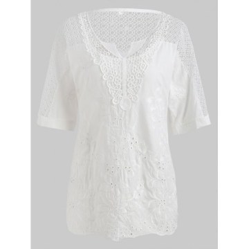 Floral Embroidery Hollow Out Shirt - White