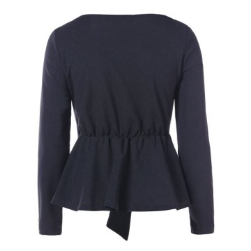 Floral Embroidery Long Sleeve Peplum T-shirt - Black