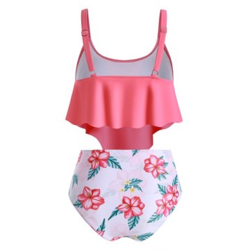 Floral Flounce Overlay High Waisted Tankini Swimsuit - Watermelon Pink