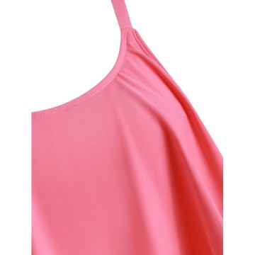 Floral Flounce Overlay High Waisted Tankini Swimsuit - Watermelon Pink