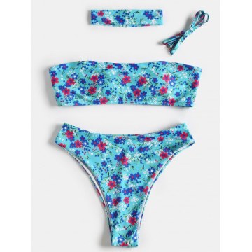 Floral High Leg Boho Bikini - Blue Zircon