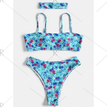 Floral High Leg Boho Bikini - Blue Zircon
