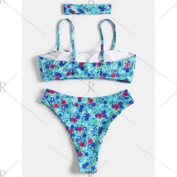 Floral High Leg Boho Bikini - Blue Zircon