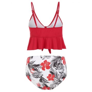 Floral Leaves Print Knotted Padded Tankini Swimsuit - Red