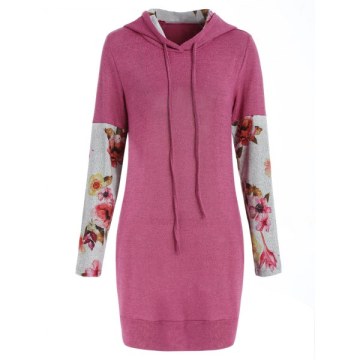 Floral Long Sleeve Drawstring Hoodie - Pink