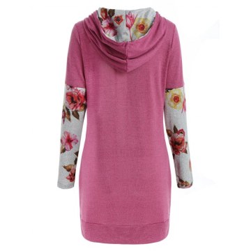 Floral Long Sleeve Drawstring Hoodie - Pink
