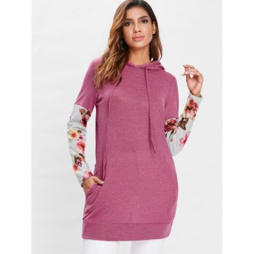 Floral Long Sleeve Drawstring Hoodie - Pink