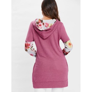 Floral Long Sleeve Drawstring Hoodie - Pink