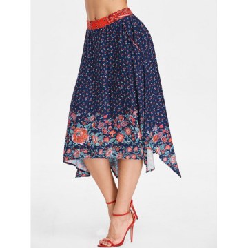 Floral Pattern Swing Skirt - Midnight Blue