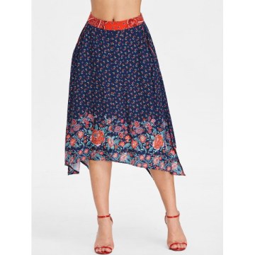 Floral Pattern Swing Skirt - Midnight Blue