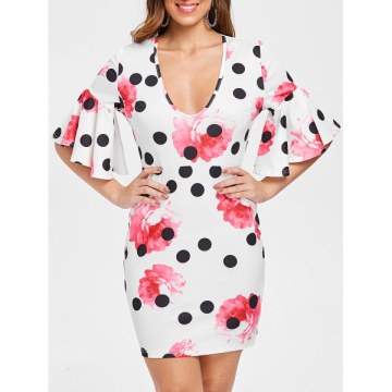 Floral Polka Dot U Neck Skinny Dress - White