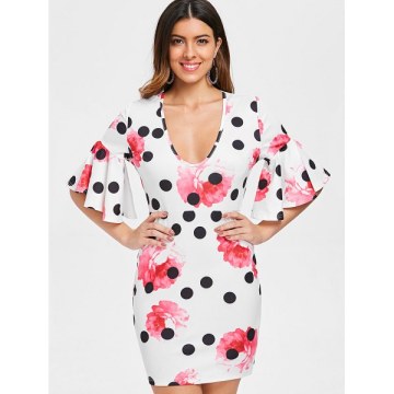 Floral Polka Dot U Neck Skinny Dress - White