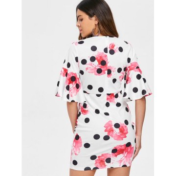 Floral Polka Dot U Neck Skinny Dress - White