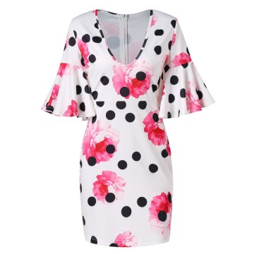Floral Polka Dot U Neck Skinny Dress - White