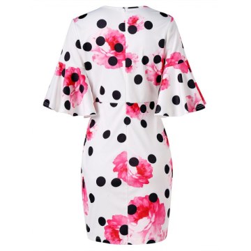 Floral Polka Dot U Neck Skinny Dress - White