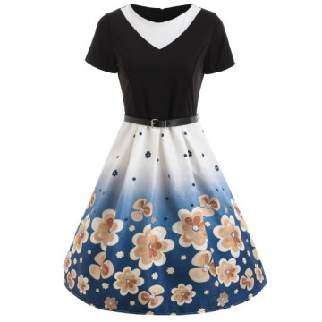 Floral Print Flare Dress with Belt - Blue