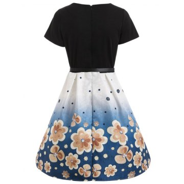 Floral Print Flare Dress with Belt - Blue