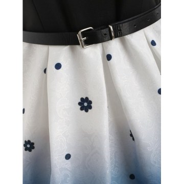 Floral Print Flare Dress with Belt - Blue