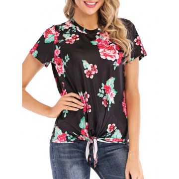 Floral Print Knotted Short Sleeves Tee - Black