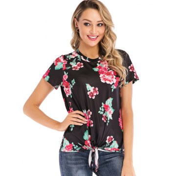 Floral Print Knotted Short Sleeves Tee - Black