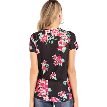 Floral Print Knotted Short Sleeves Tee - Black