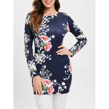 Floral Print Long Sleeve Slim T-shirt - Midnight Blue