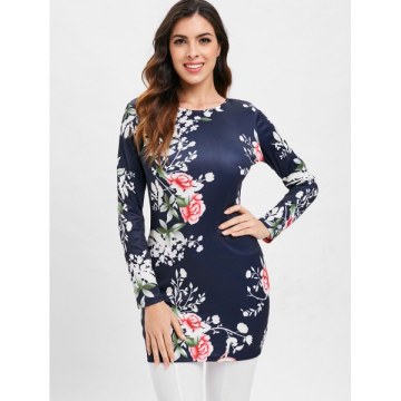 Floral Print Long Sleeve Slim T-shirt - Midnight Blue