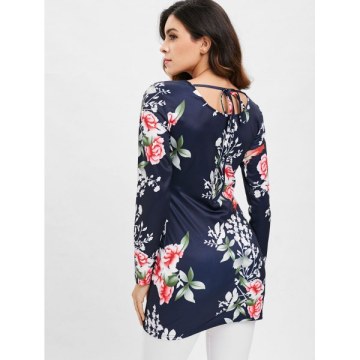Floral Print Long Sleeve Slim T-shirt - Midnight Blue