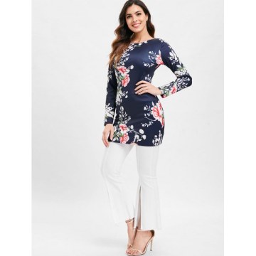 Floral Print Long Sleeve Slim T-shirt - Midnight Blue