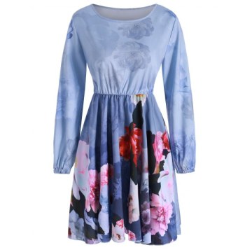 Floral Print Long leeves Mini Dress - Blue Gray