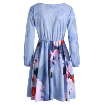 Floral Print Long leeves Mini Dress - Blue Gray