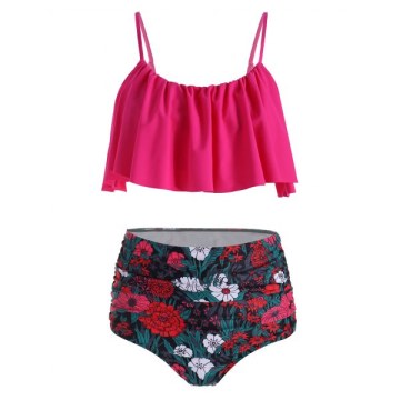 Floral Print Padded Overlay Bikini wimwear - Rose Red