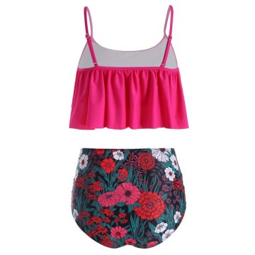 Floral Print Padded Overlay Bikini wimwear - Rose Red