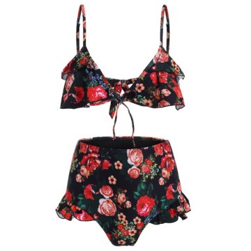Floral Print Ruffles Padded Bikini Swimsuit - Black