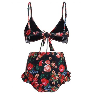 Floral Print Ruffles Padded Bikini Swimsuit - Black