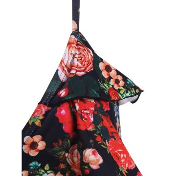 Floral Print Ruffles Padded Bikini Swimsuit - Black