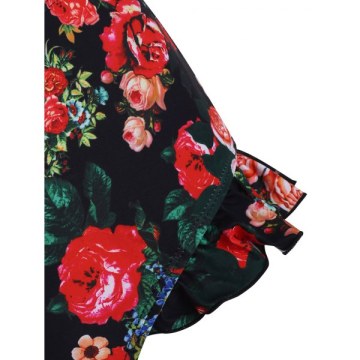 Floral Print Ruffles Padded Bikini Swimsuit - Black