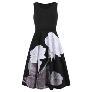 Floral Print leeveless coop Neck Dress - Black